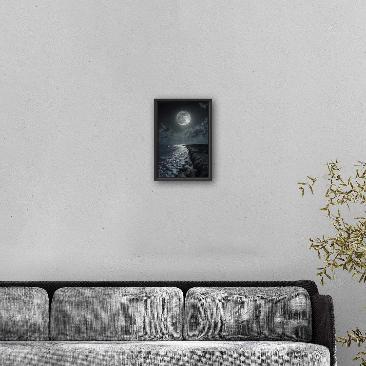 Black and White Photorealistic Shoreline with Moon at Night - Moonlit Serenity