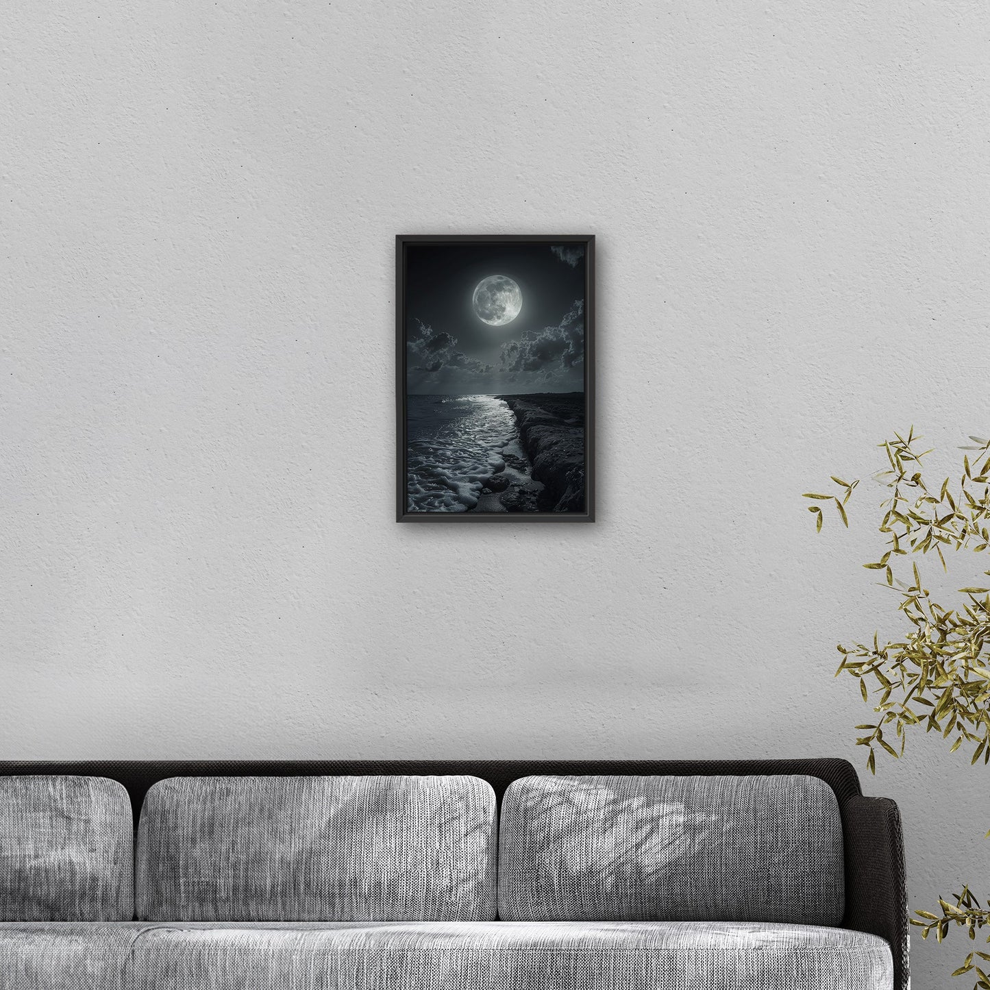 Black and White Photorealistic Shoreline with Moon at Night - Moonlit Serenity