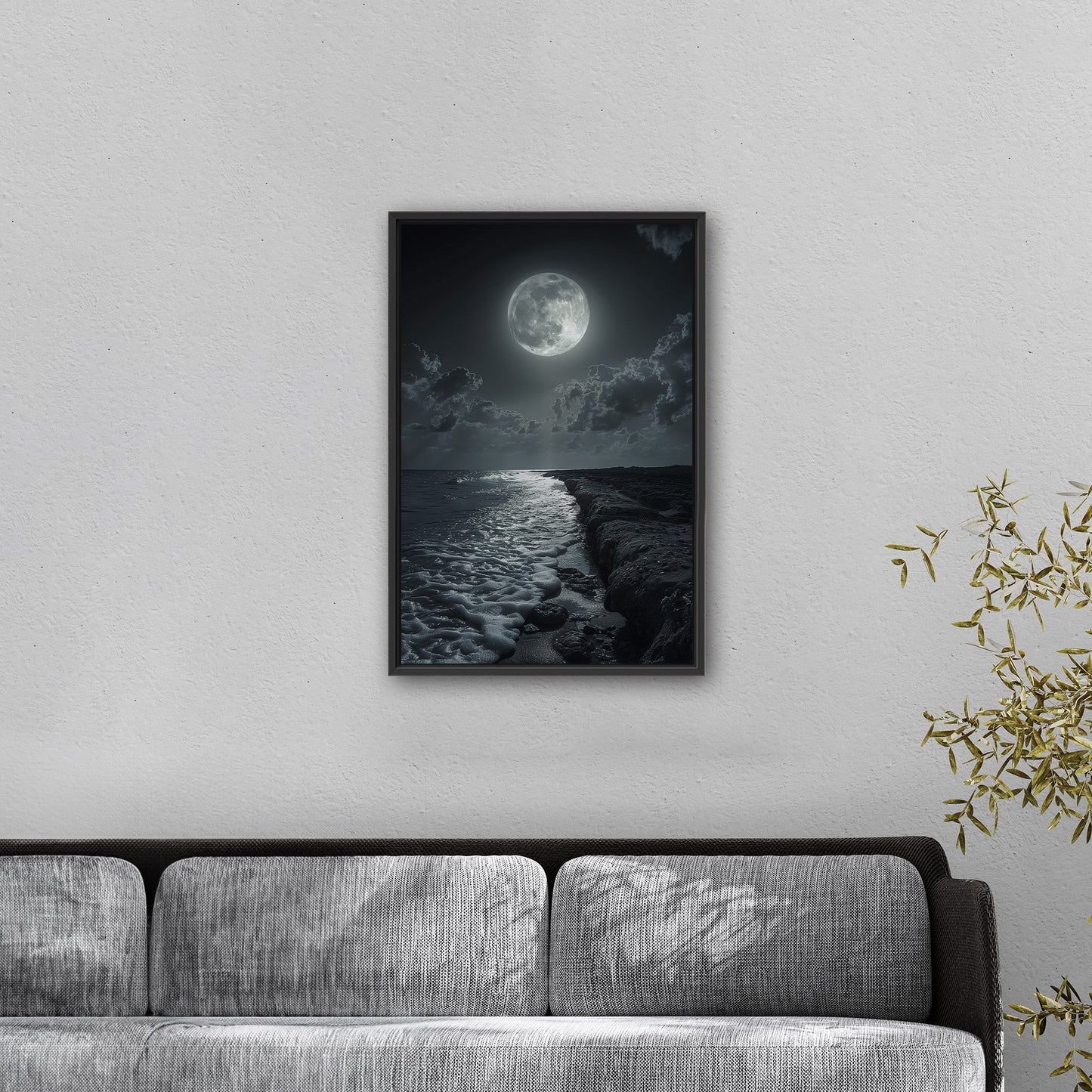 Black and White Photorealistic Shoreline with Moon at Night - Moonlit Serenity