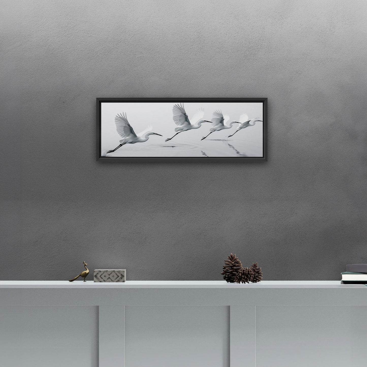 Tranquil egrets flying over calm lake - Serene Avian Elegance