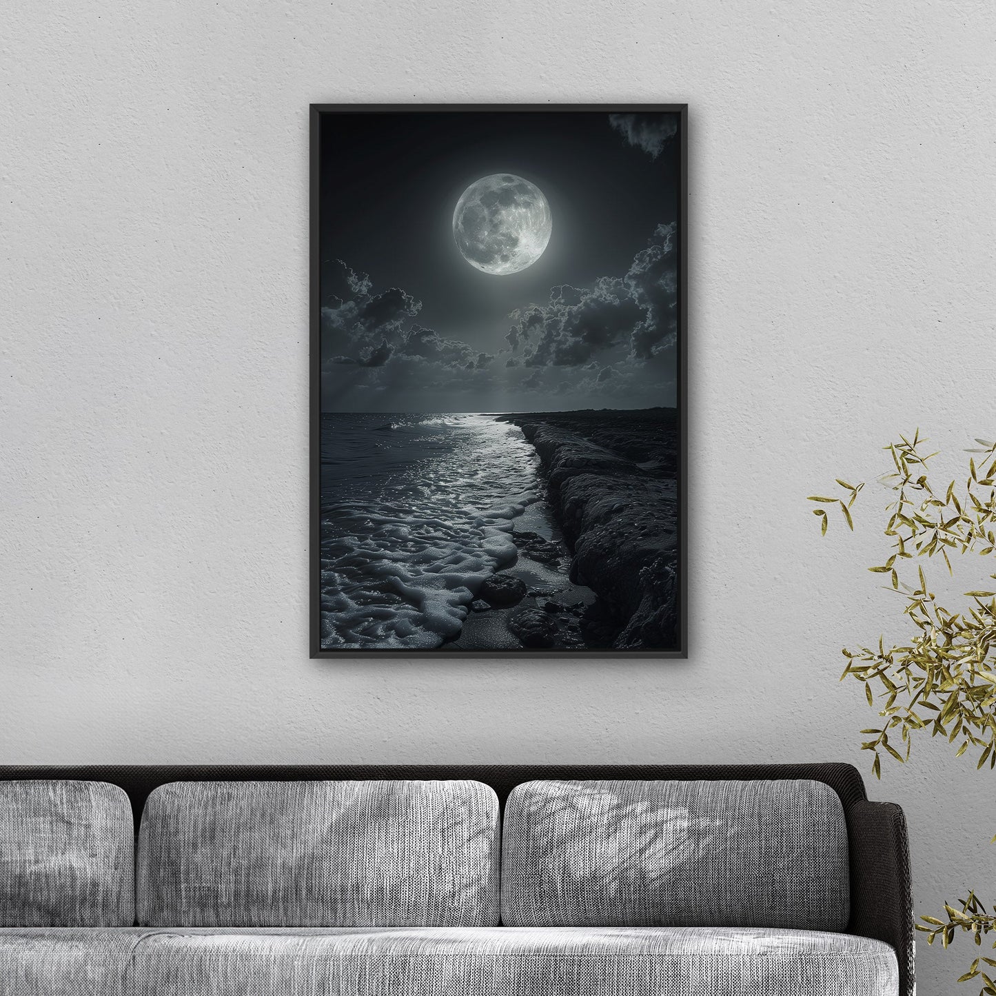 Black and White Photorealistic Shoreline with Moon at Night - Moonlit Serenity