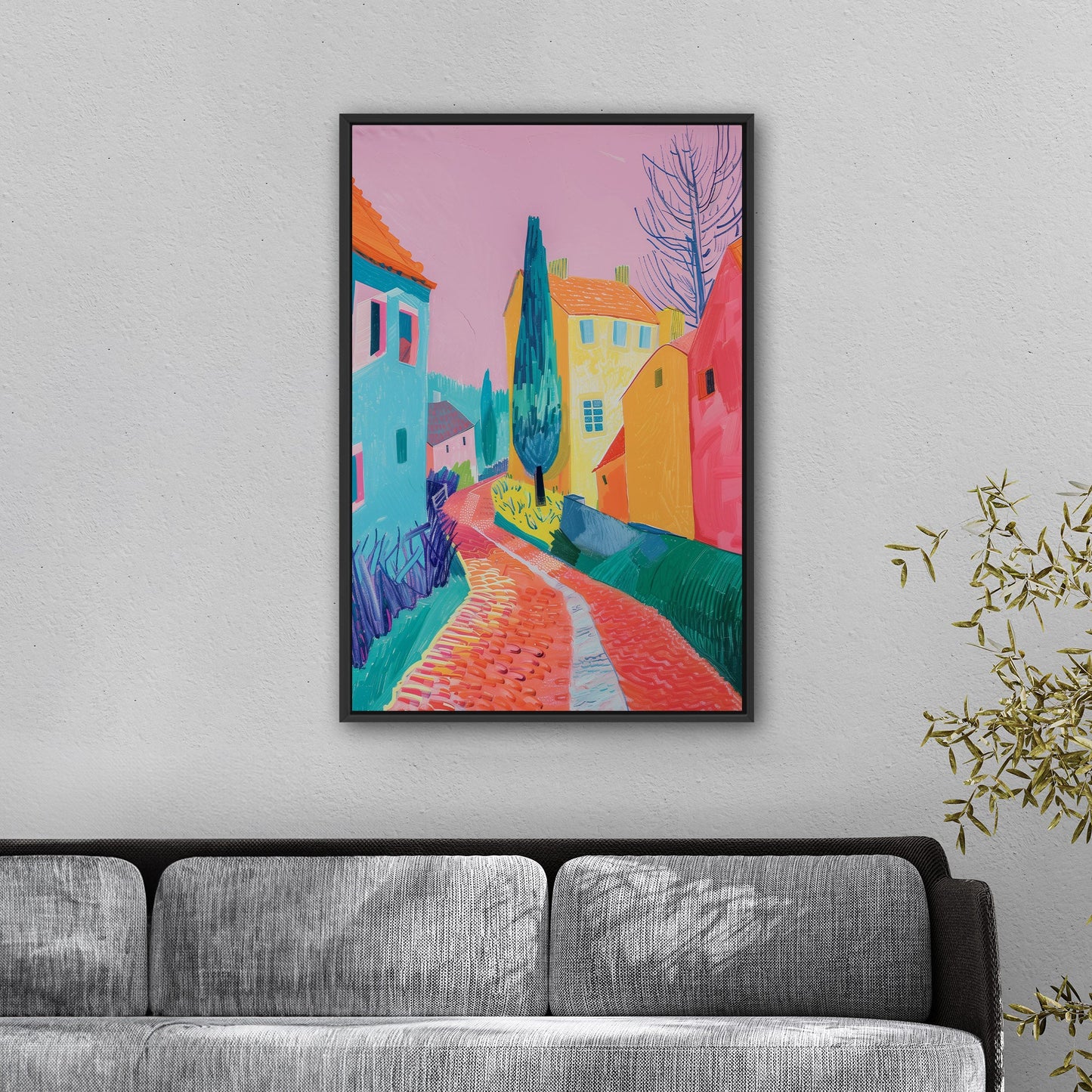 Village Street with Buildings in Vibrant Colors - Tranquil Stroll Escape