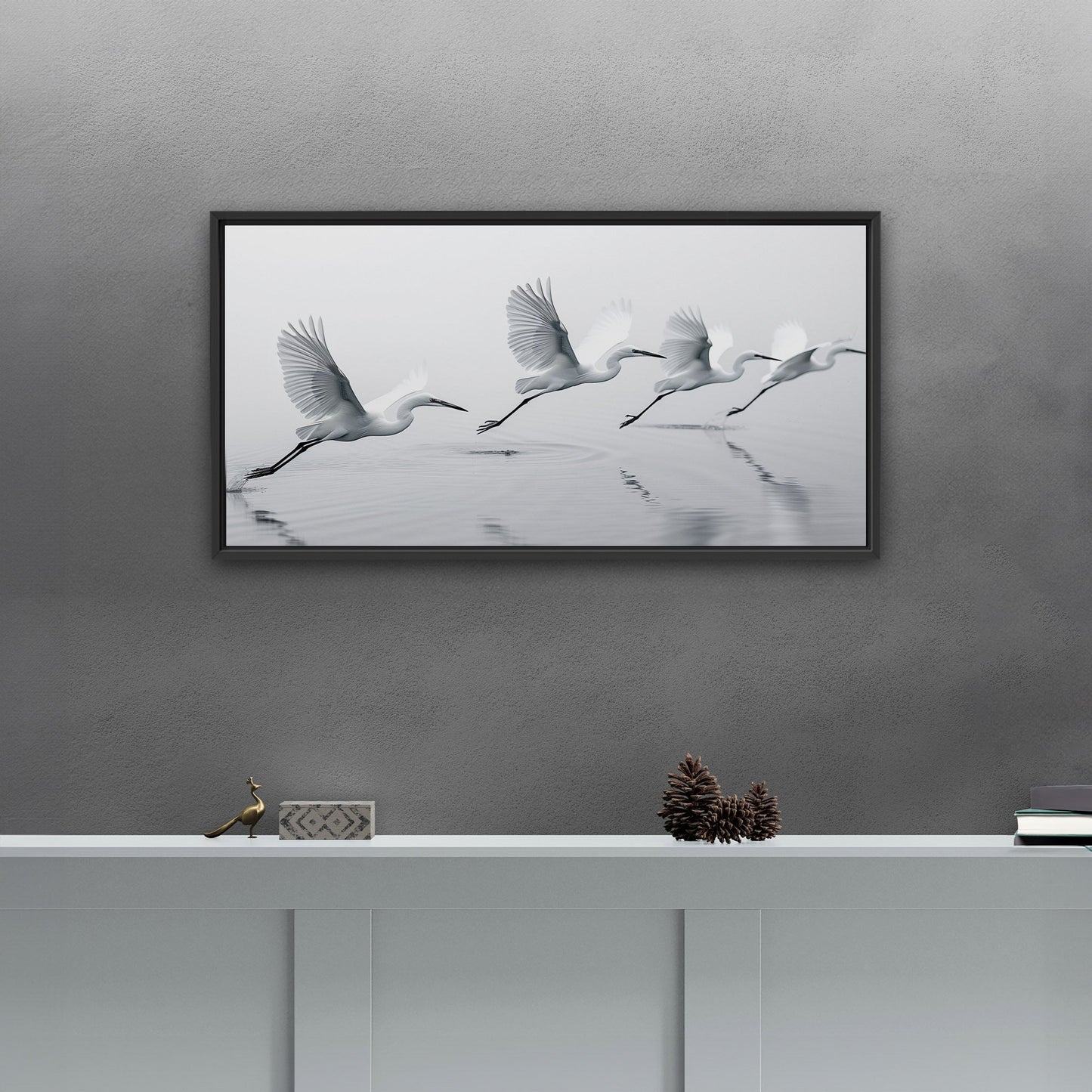 Tranquil egrets flying over calm lake - Serene Avian Elegance