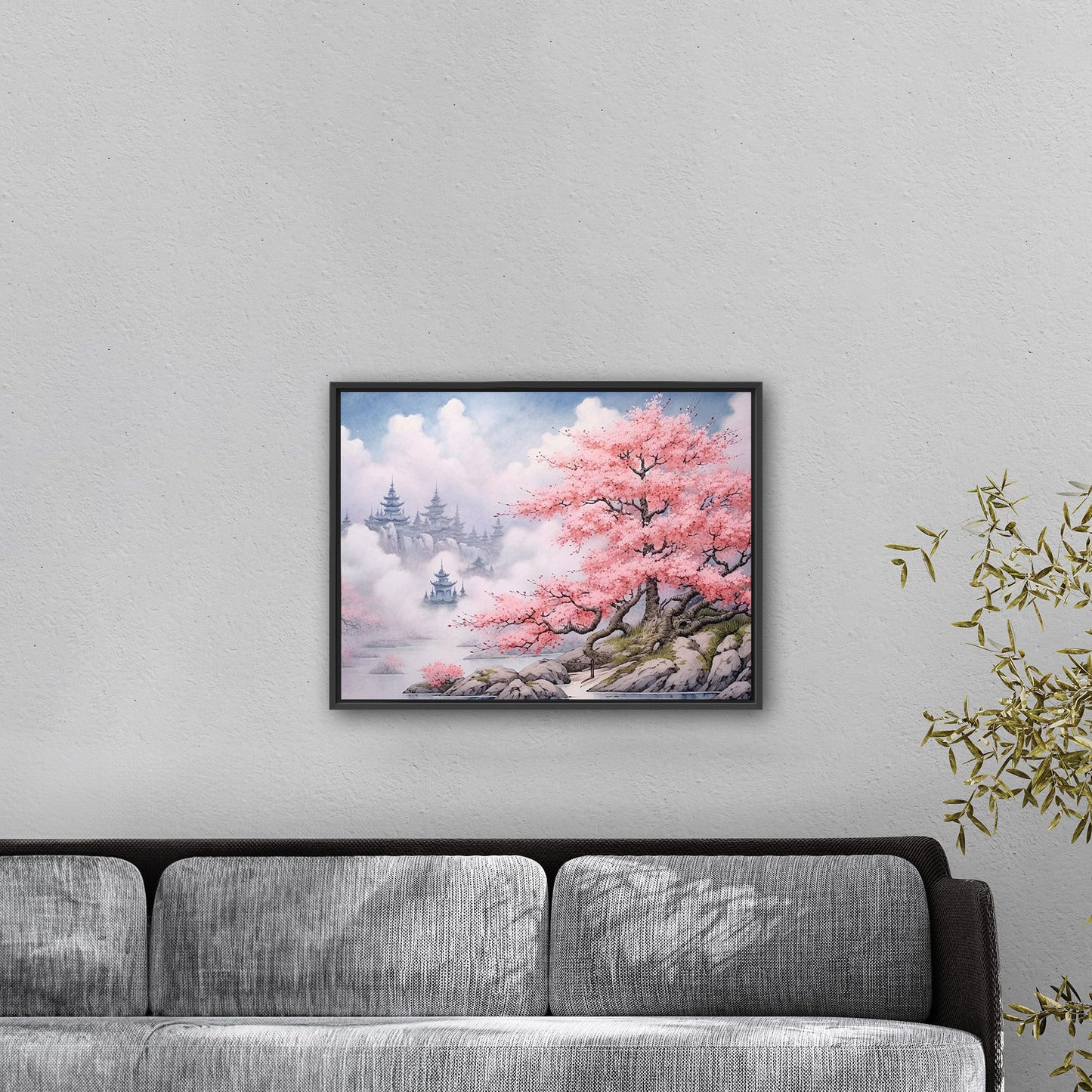 Asian Botanical Watercolor - Cherry Blossom Serenity Zen Garden