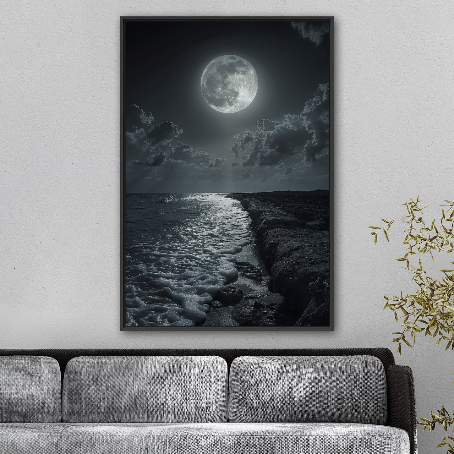 Black and White Photorealistic Shoreline with Moon at Night - Moonlit Serenity