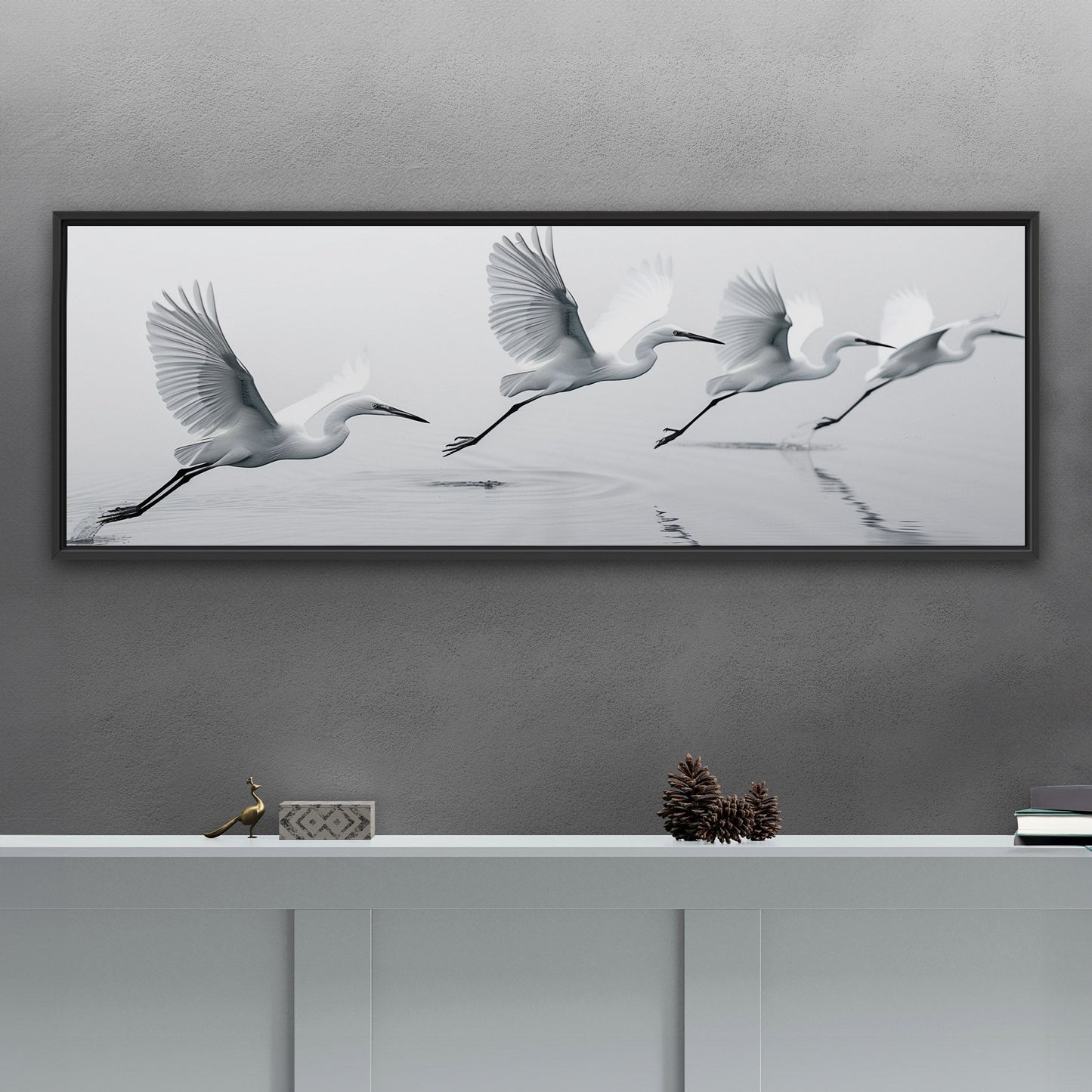 Tranquil egrets flying over calm lake - Serene Avian Elegance