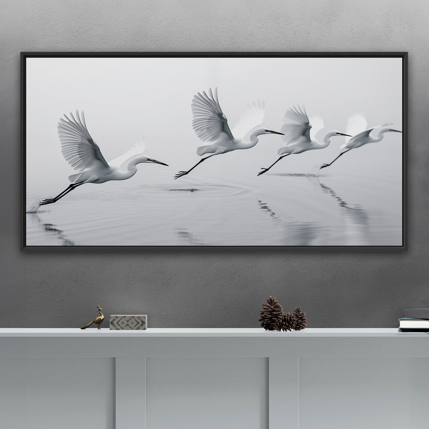 Tranquil egrets flying over calm lake - Serene Avian Elegance