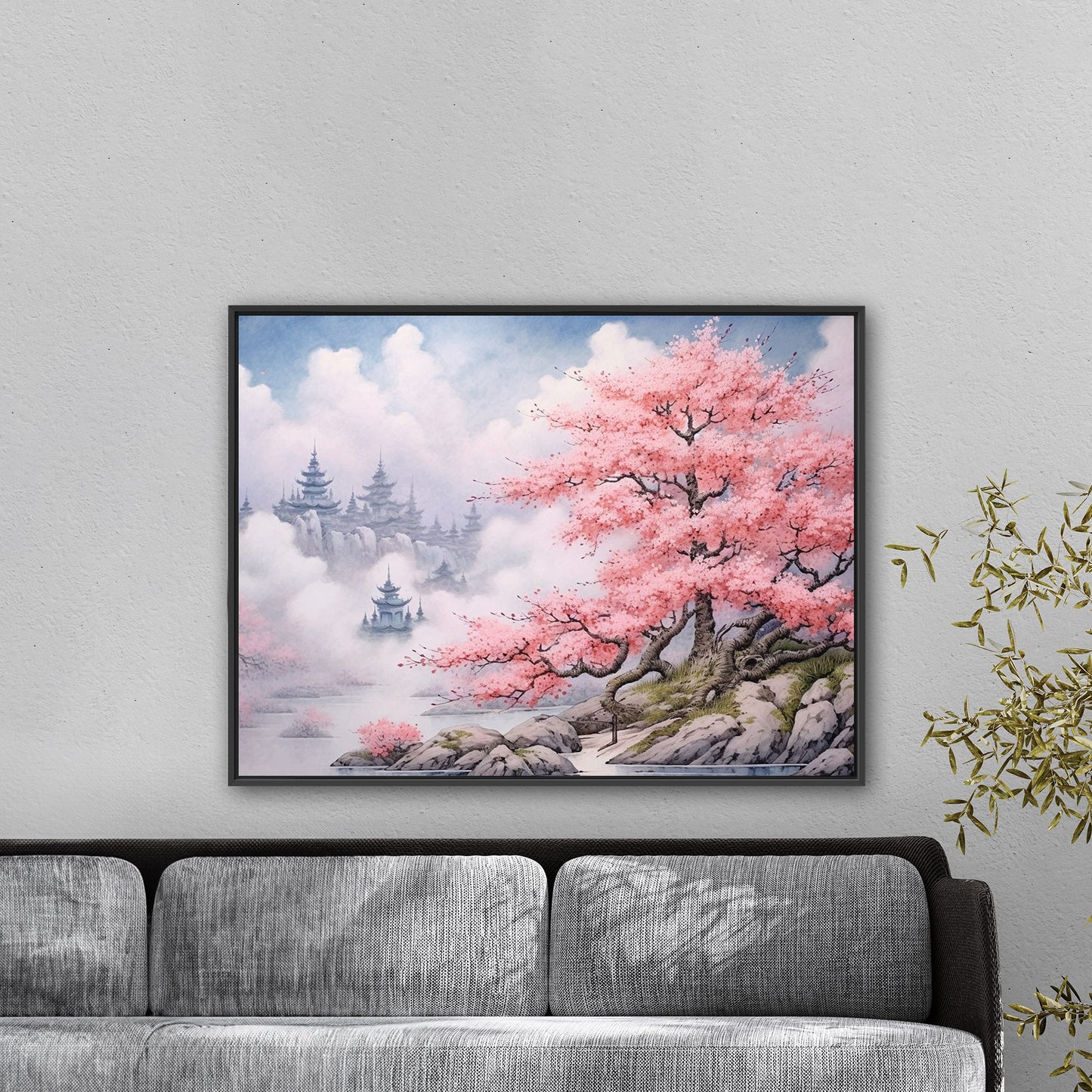 Asian Botanical Watercolor - Cherry Blossom Serenity Zen Garden