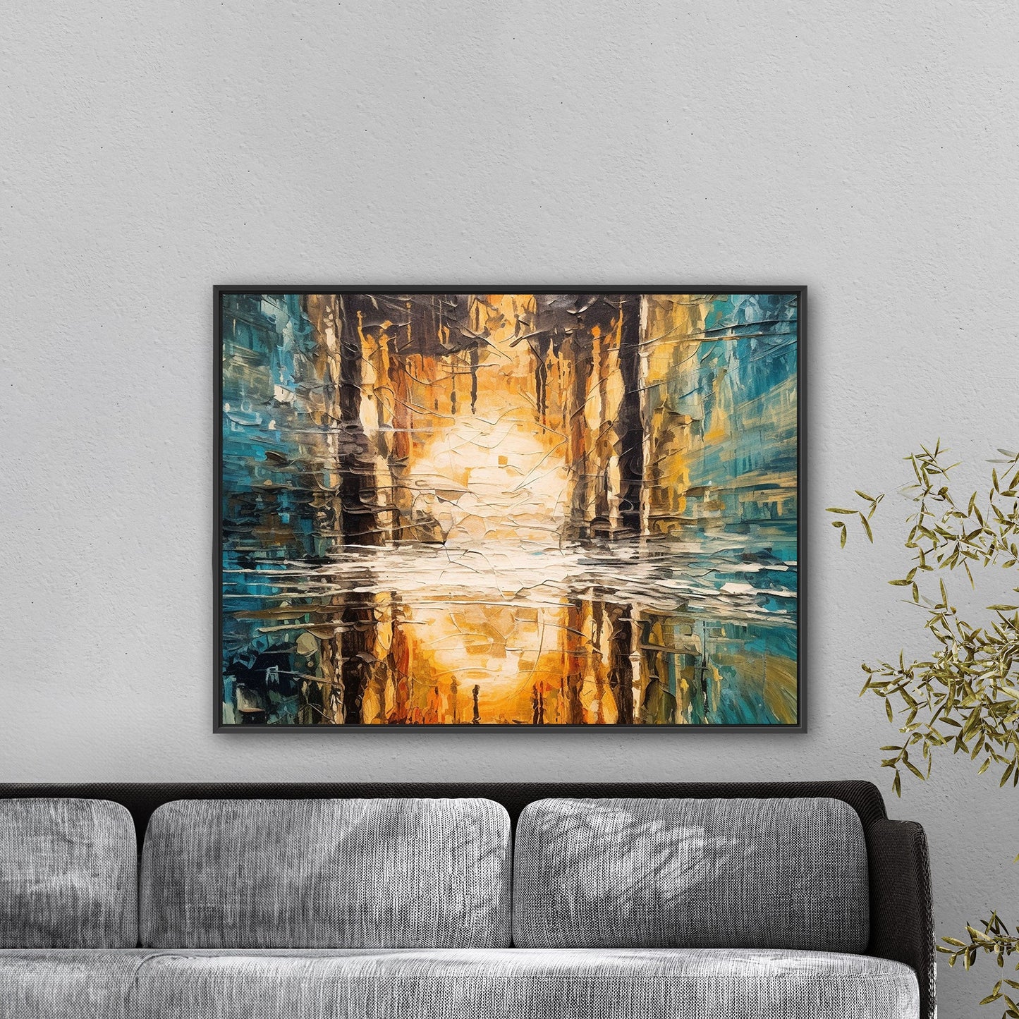 Oil Painting Impressionist Landscape with Sunset Over Water with Reflections - Ethereal Reflections in Distorted Water