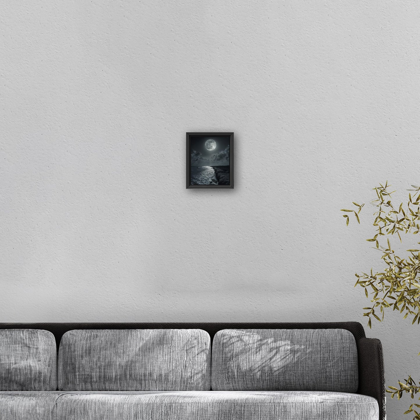 Black and White Photorealistic Shoreline with Moon at Night - Moonlit Serenity