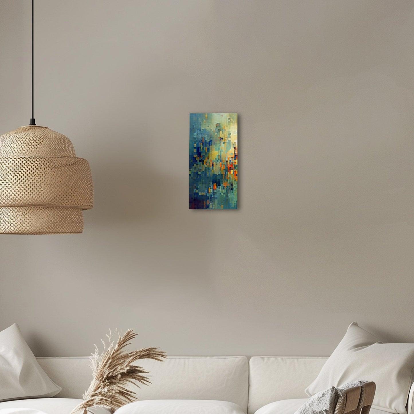 Absract Geometric Painting in Aqua Greens and Yellows -Retro Digital Pixel Art Delight