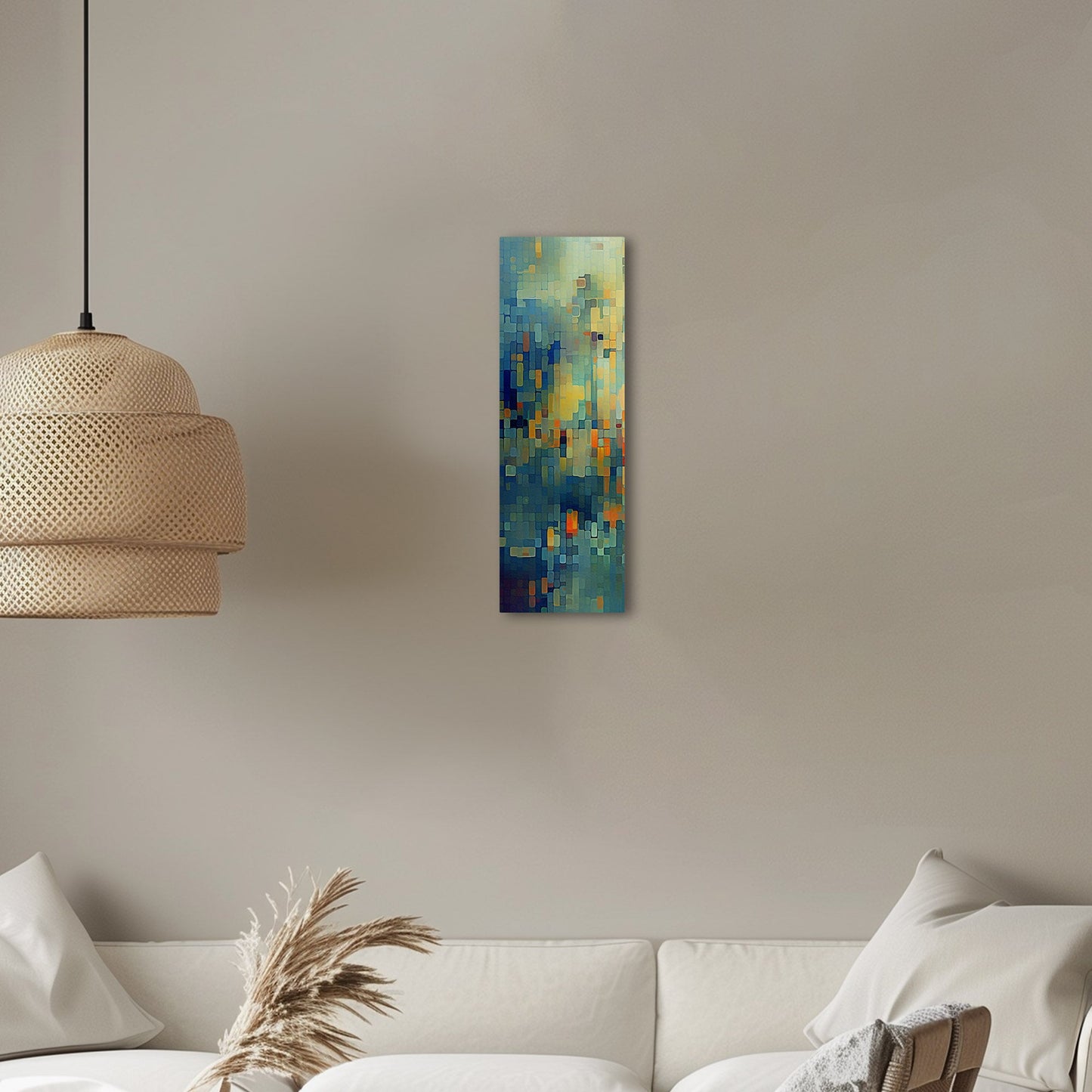 Absract Geometric Painting in Aqua Greens and Yellows -Retro Digital Pixel Art Delight
