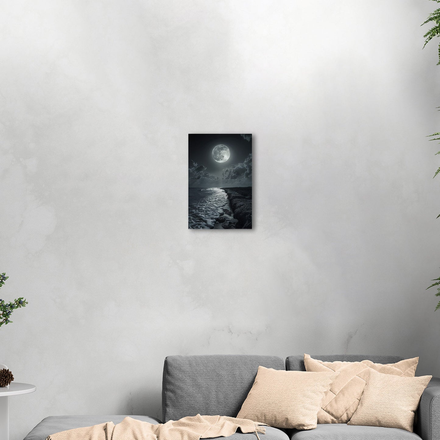 Black and White Photorealistic Shoreline with Moon at Night - Moonlit Serenity
