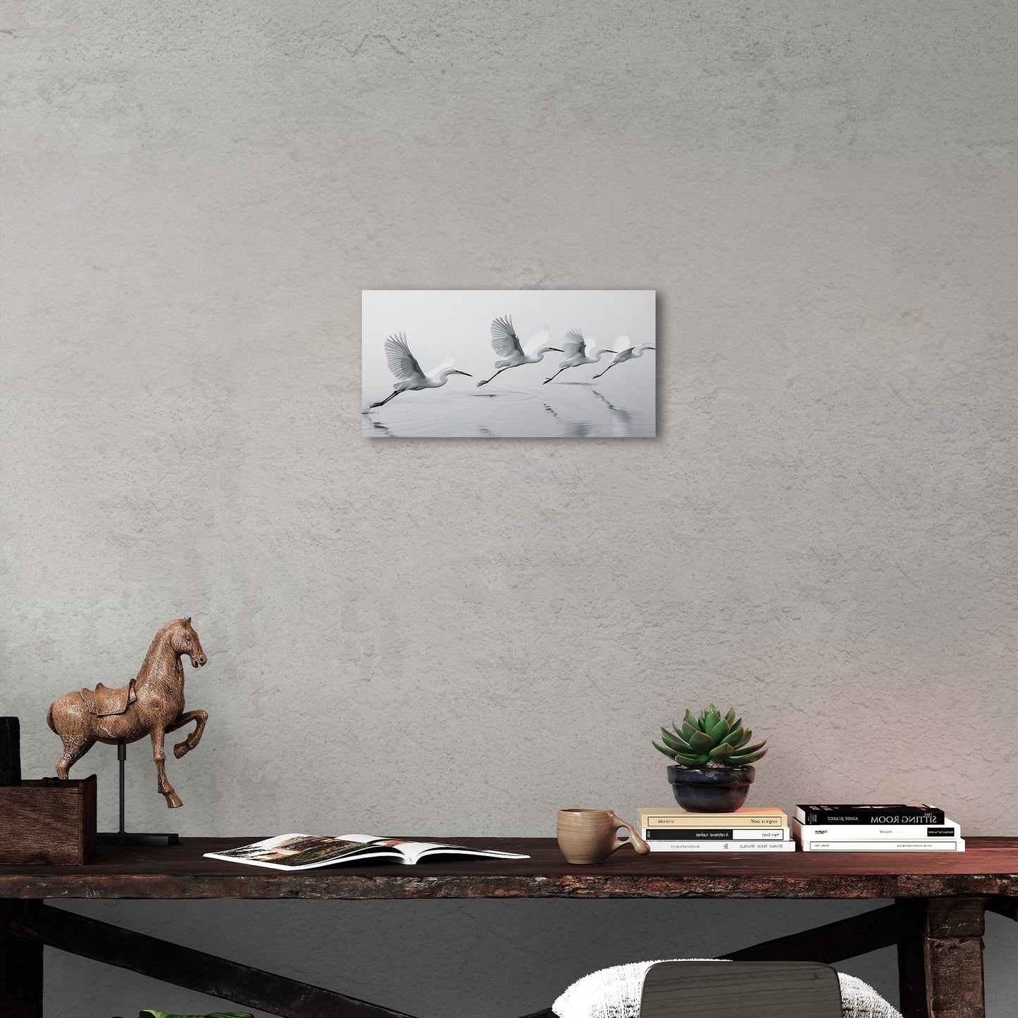 Tranquil egrets flying over calm lake - Serene Avian Elegance