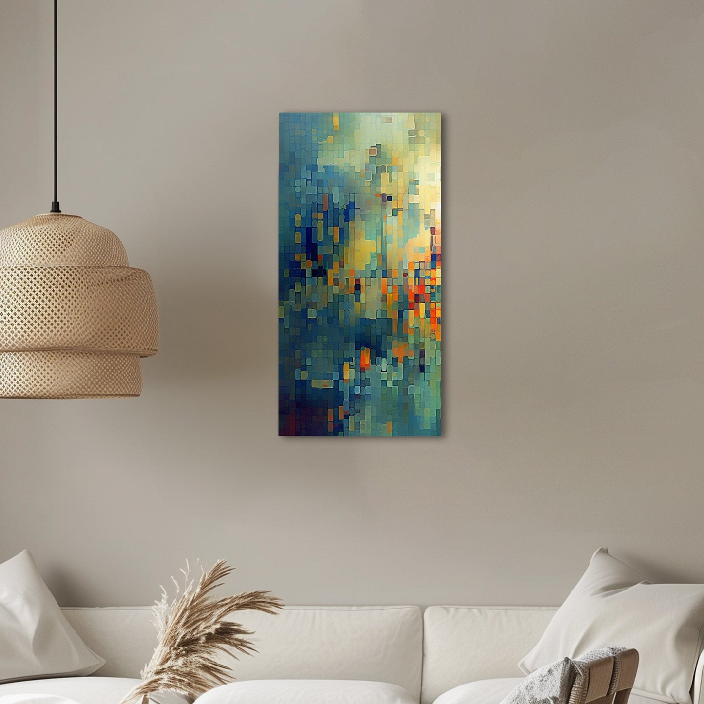 Absract Geometric Painting in Aqua Greens and Yellows -Retro Digital Pixel Art Delight