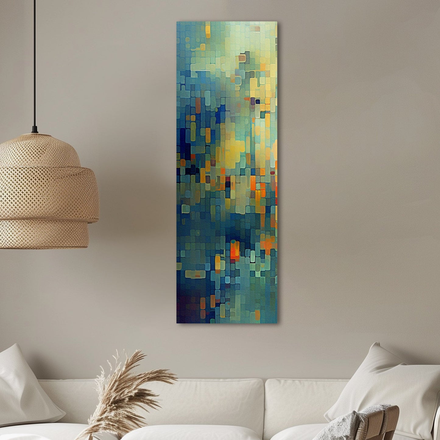Absract Geometric Painting in Aqua Greens and Yellows -Retro Digital Pixel Art Delight