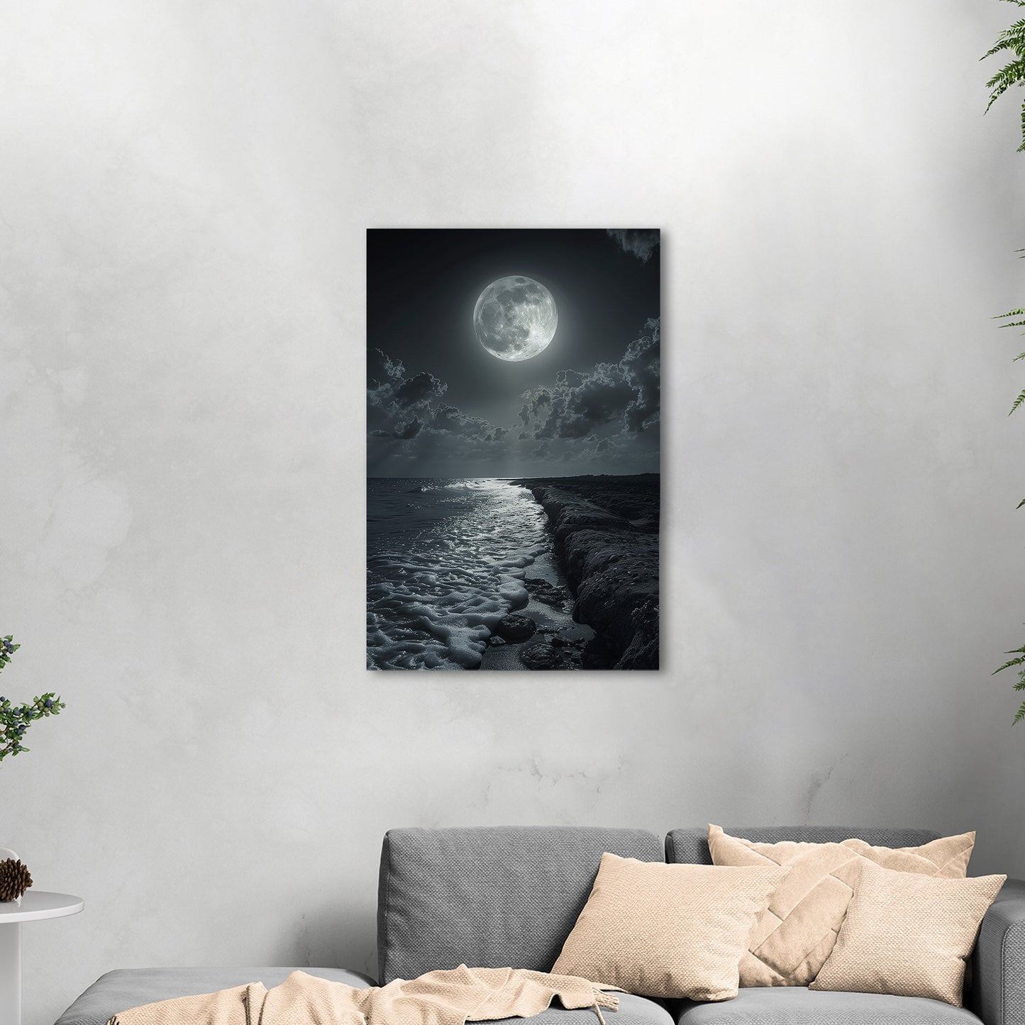Black and White Photorealistic Shoreline with Moon at Night - Moonlit Serenity