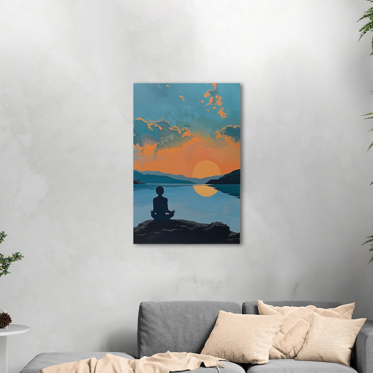 A serene landscape with a person meditating at sunrise: Transcendental Dawn Awakening