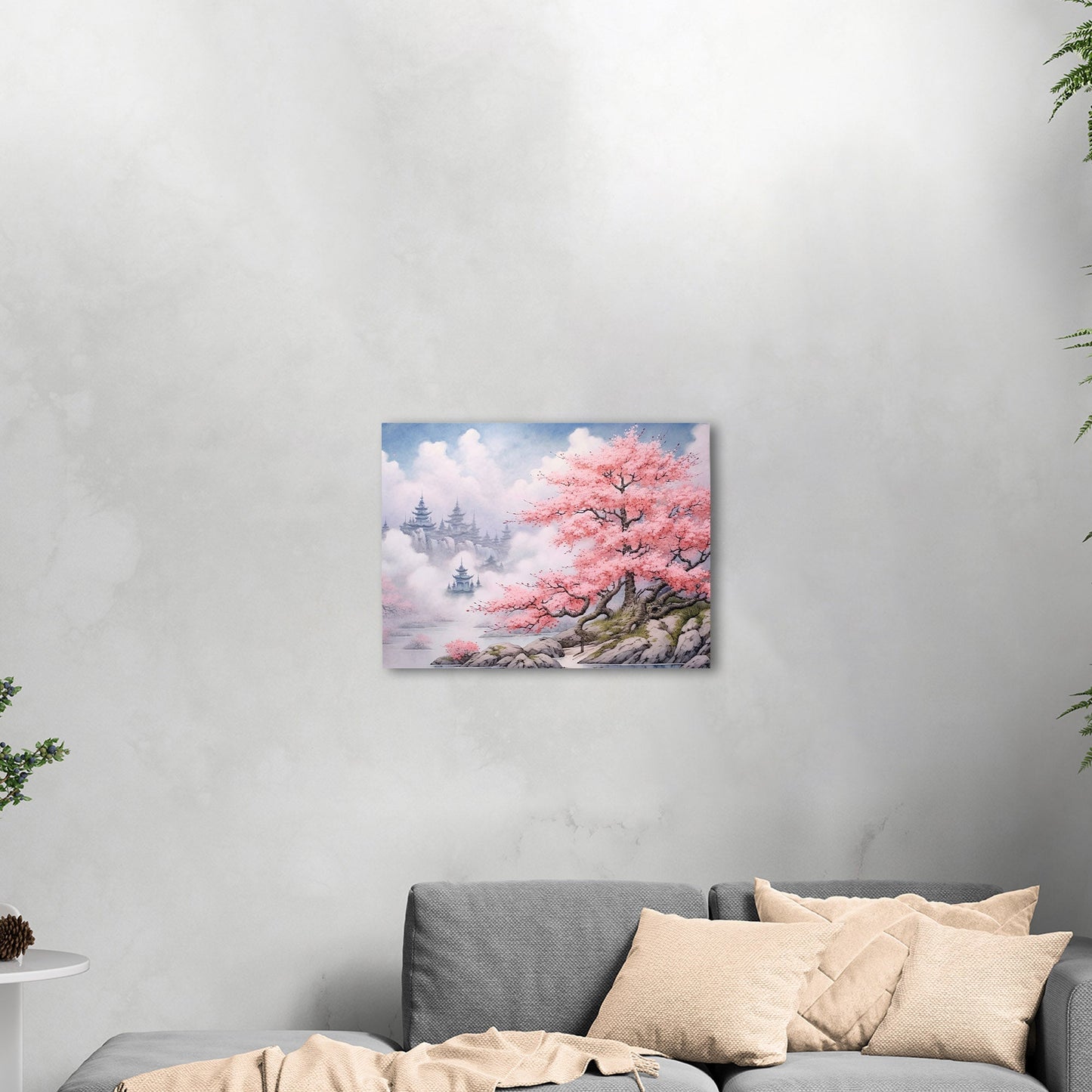 Asian Botanical Watercolor - Cherry Blossom Serenity Zen Garden
