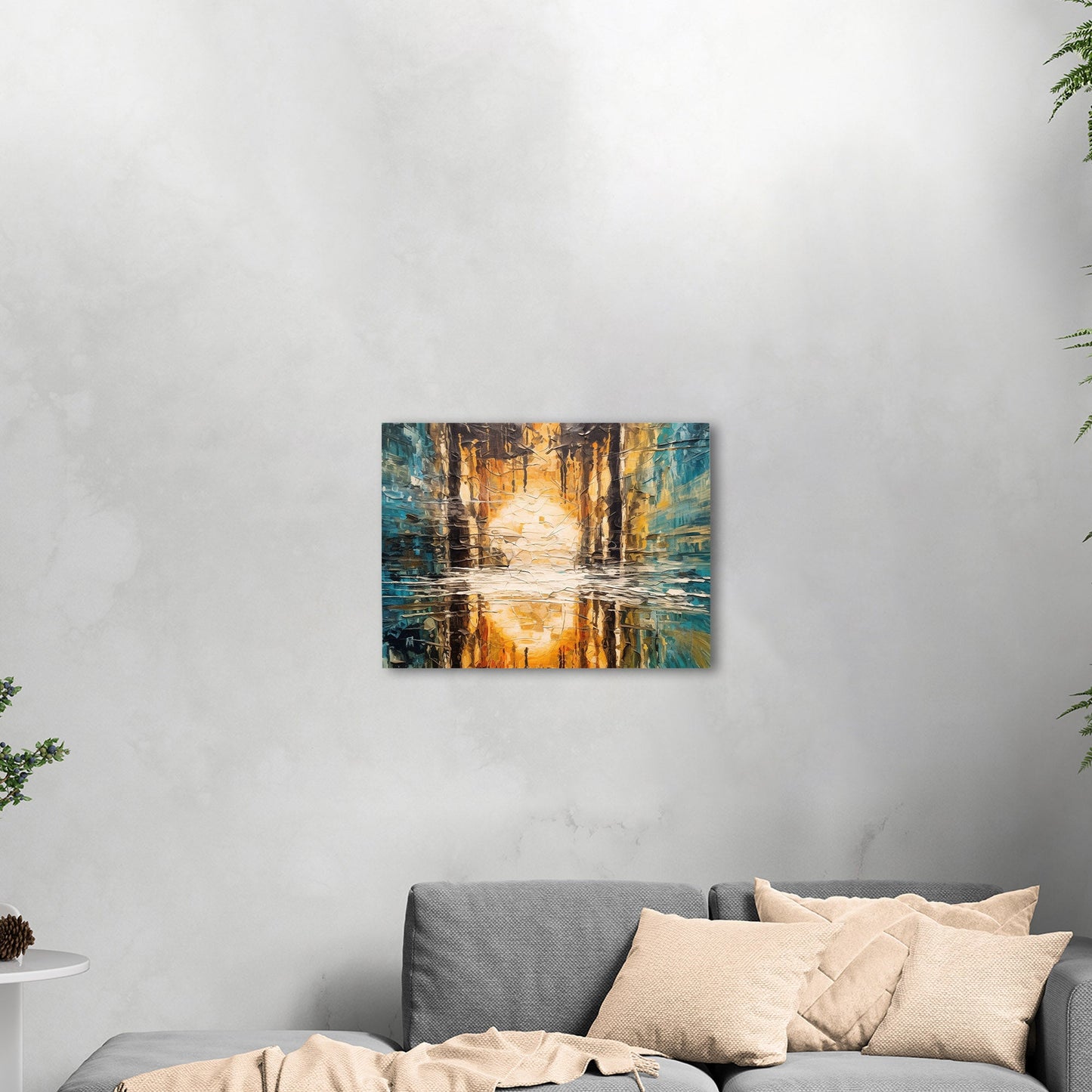 Oil Painting Impressionist Landscape with Sunset Over Water with Reflections - Ethereal Reflections in Distorted Water