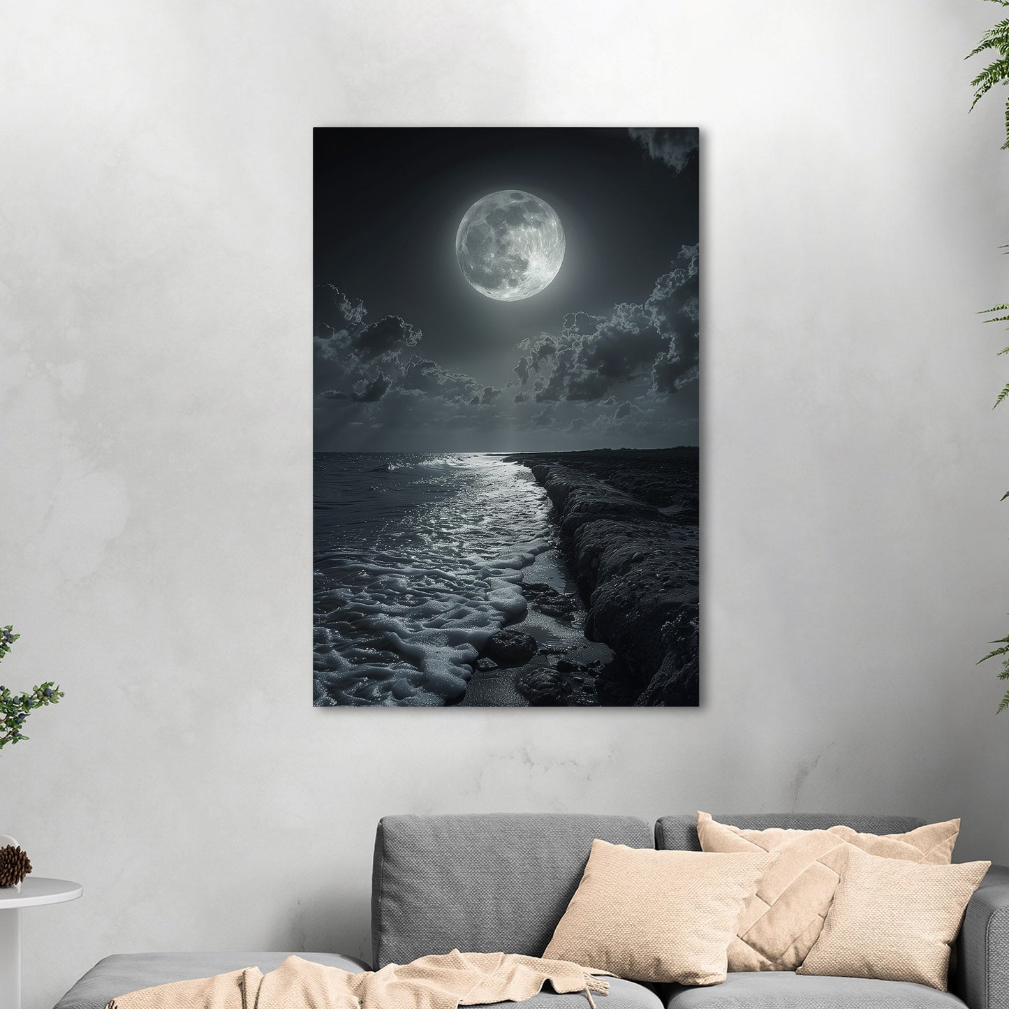 Black and White Photorealistic Shoreline with Moon at Night - Moonlit Serenity