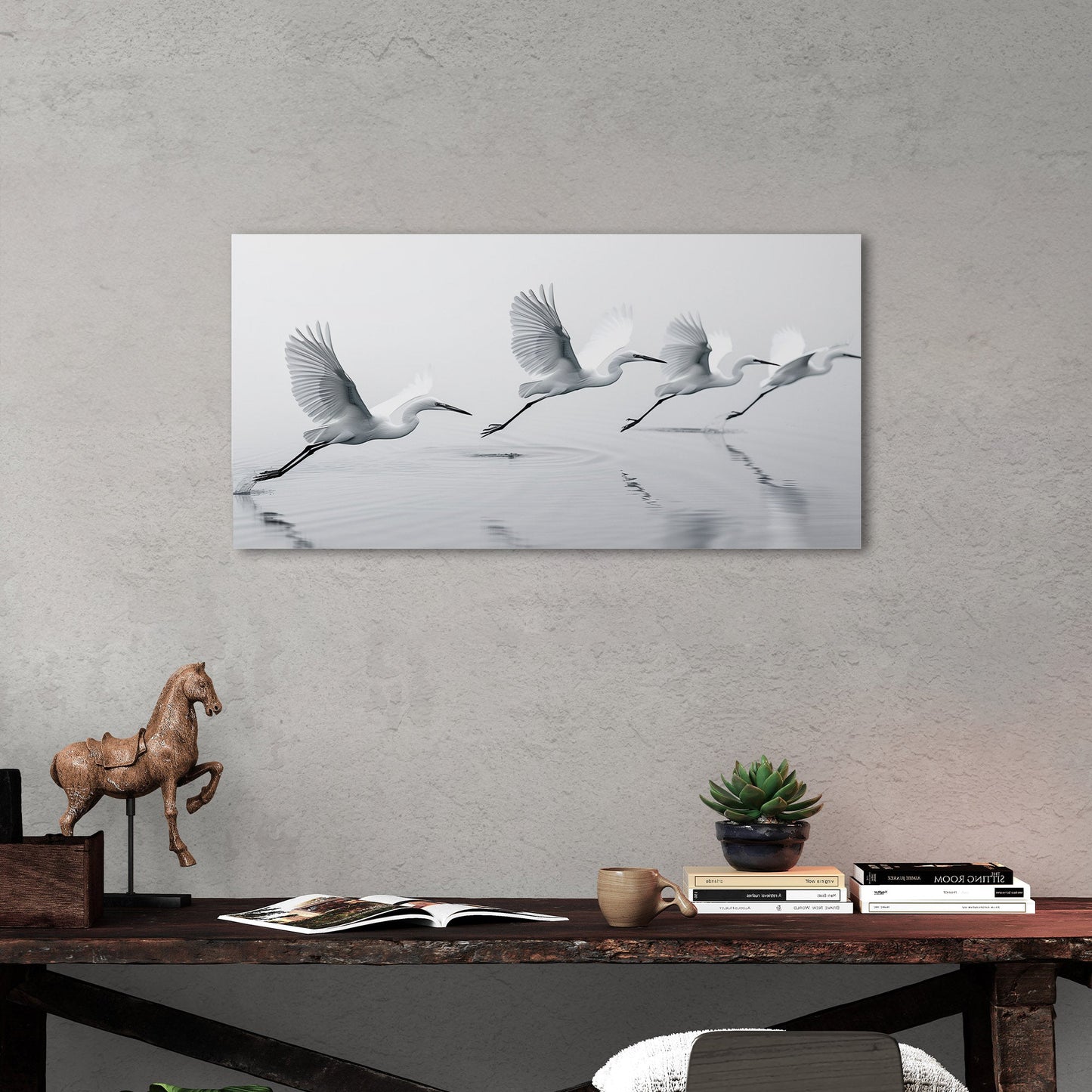Tranquil egrets flying over calm lake - Serene Avian Elegance