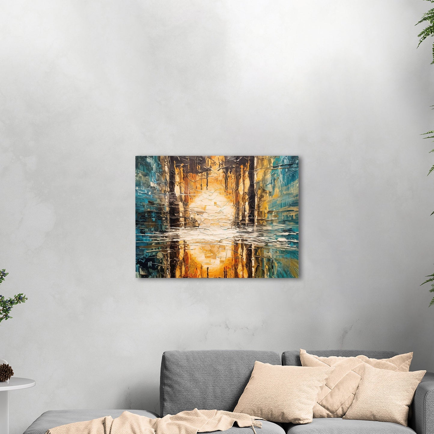 Oil Painting Impressionist Landscape with Sunset Over Water with Reflections - Ethereal Reflections in Distorted Water