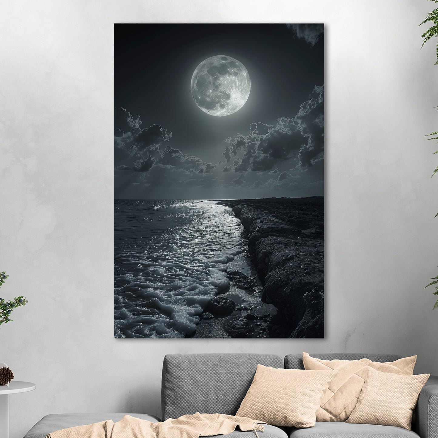 Black and White Photorealistic Shoreline with Moon at Night - Moonlit Serenity
