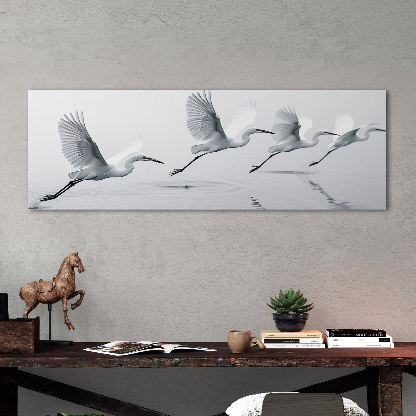 Tranquil egrets flying over calm lake - Serene Avian Elegance