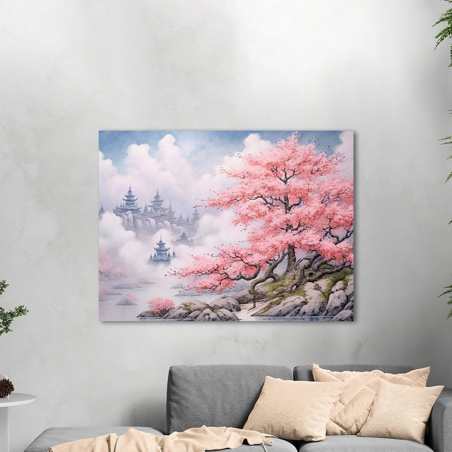 Asian Botanical Watercolor - Cherry Blossom Serenity Zen Garden