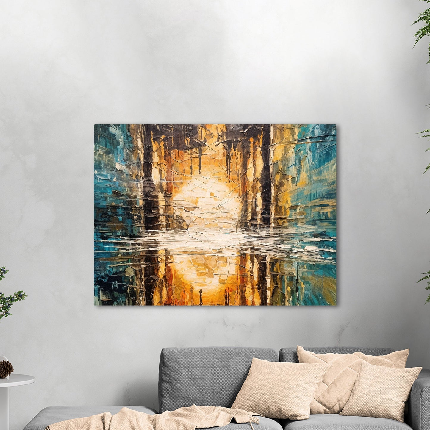 Oil Painting Impressionist Landscape with Sunset Over Water with Reflections - Ethereal Reflections in Distorted Water