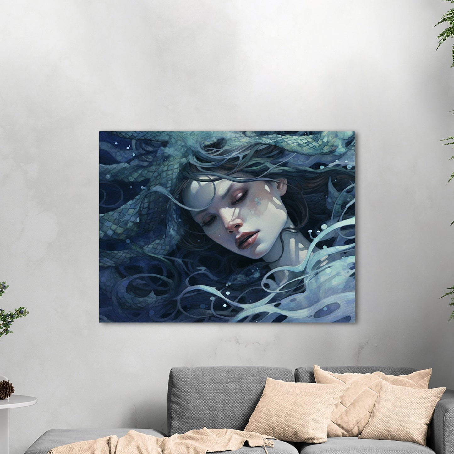 Mermaid Facial Portrait in Watercolor Blues - Mystic Mermaid: Secrets of the Sea