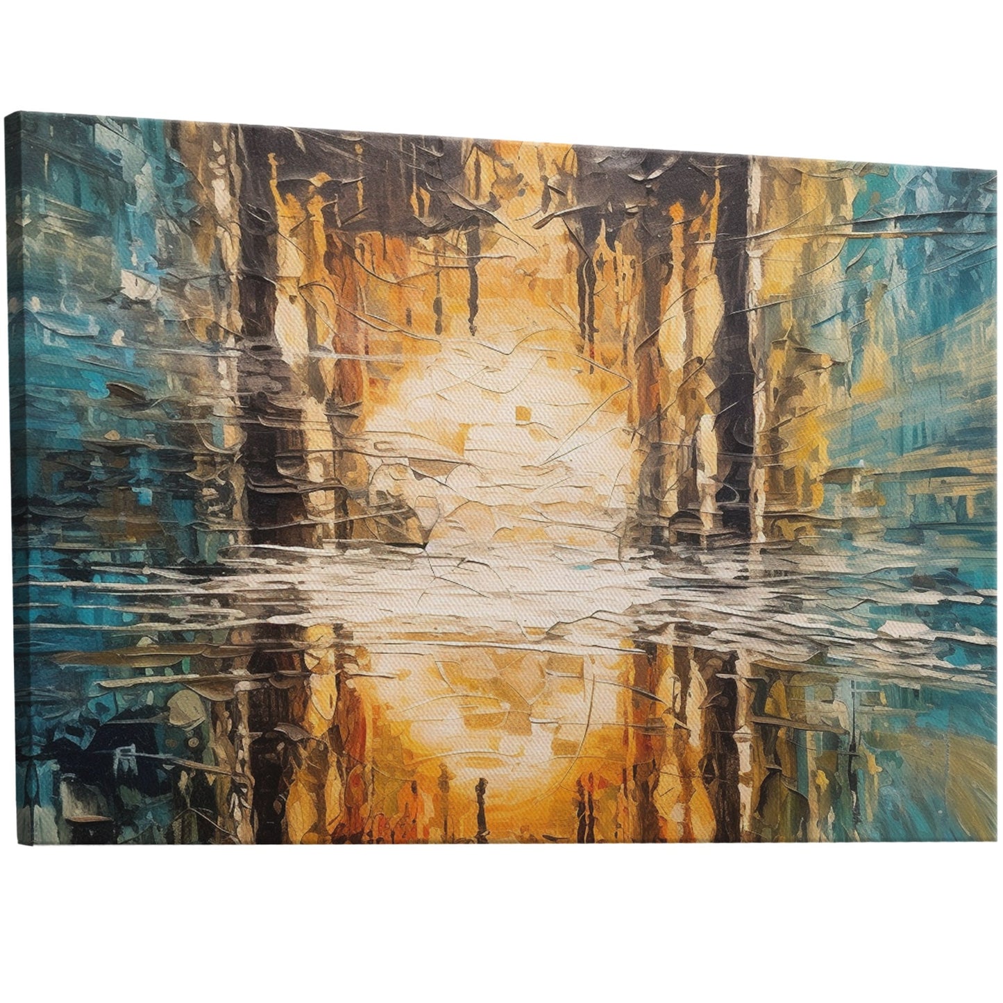 Oil Painting Impressionist Landscape with Sunset Over Water with Reflections - Ethereal Reflections in Distorted Water