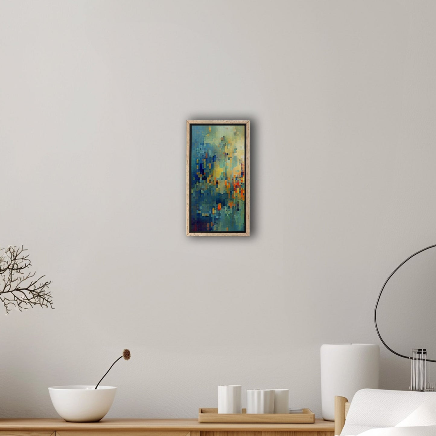 Absract Geometric Painting in Aqua Greens and Yellows -Retro Digital Pixel Art Delight