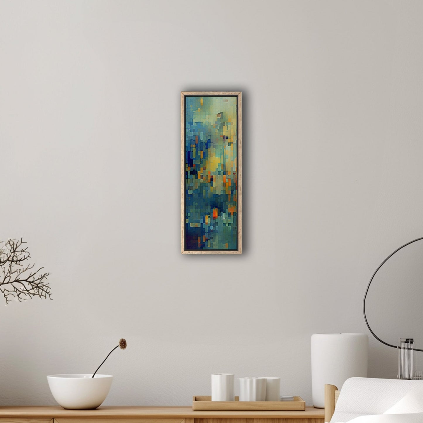 Absract Geometric Painting in Aqua Greens and Yellows -Retro Digital Pixel Art Delight