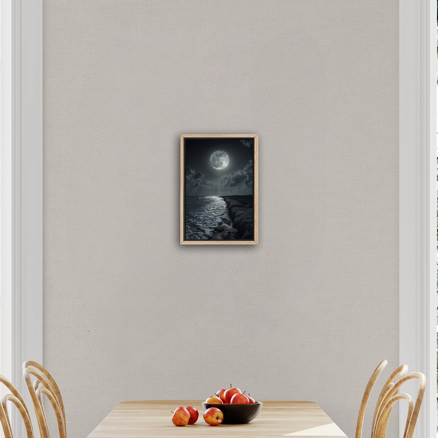 Black and White Photorealistic Shoreline with Moon at Night - Moonlit Serenity