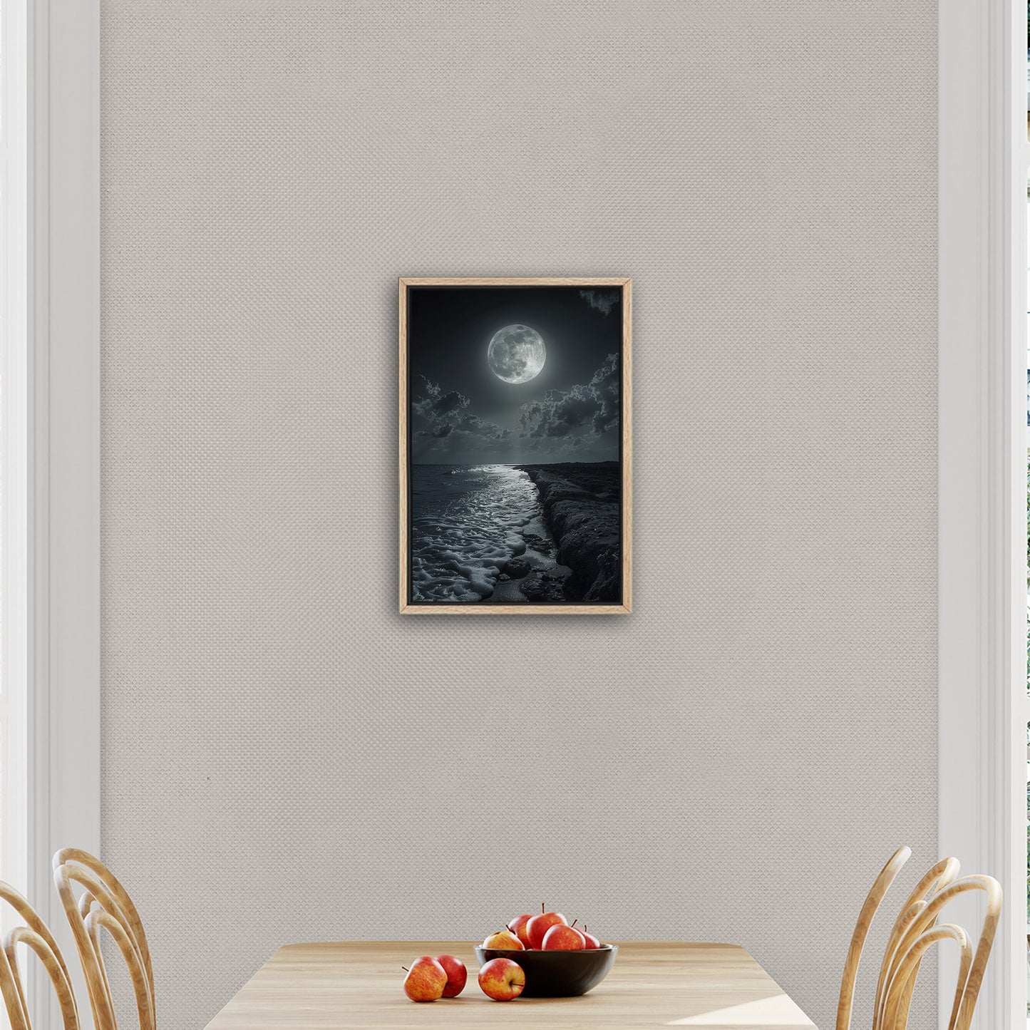 Black and White Photorealistic Shoreline with Moon at Night - Moonlit Serenity