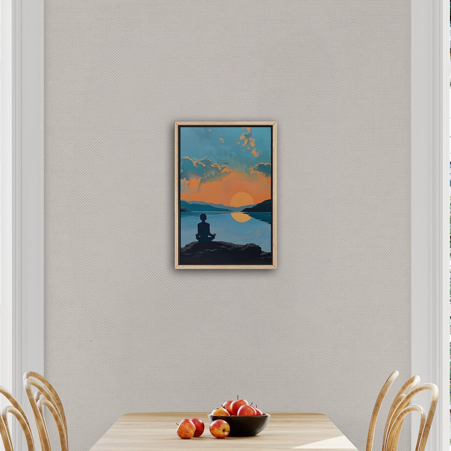 A serene landscape with a person meditating at sunrise: Transcendental Dawn Awakening