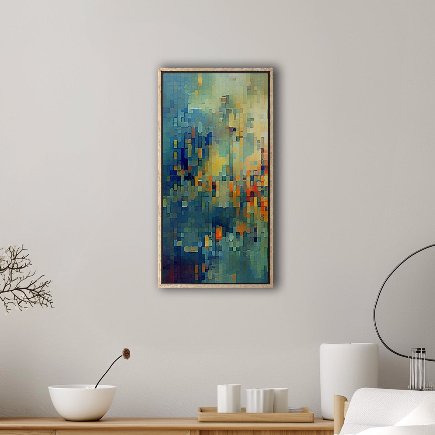Absract Geometric Painting in Aqua Greens and Yellows -Retro Digital Pixel Art Delight