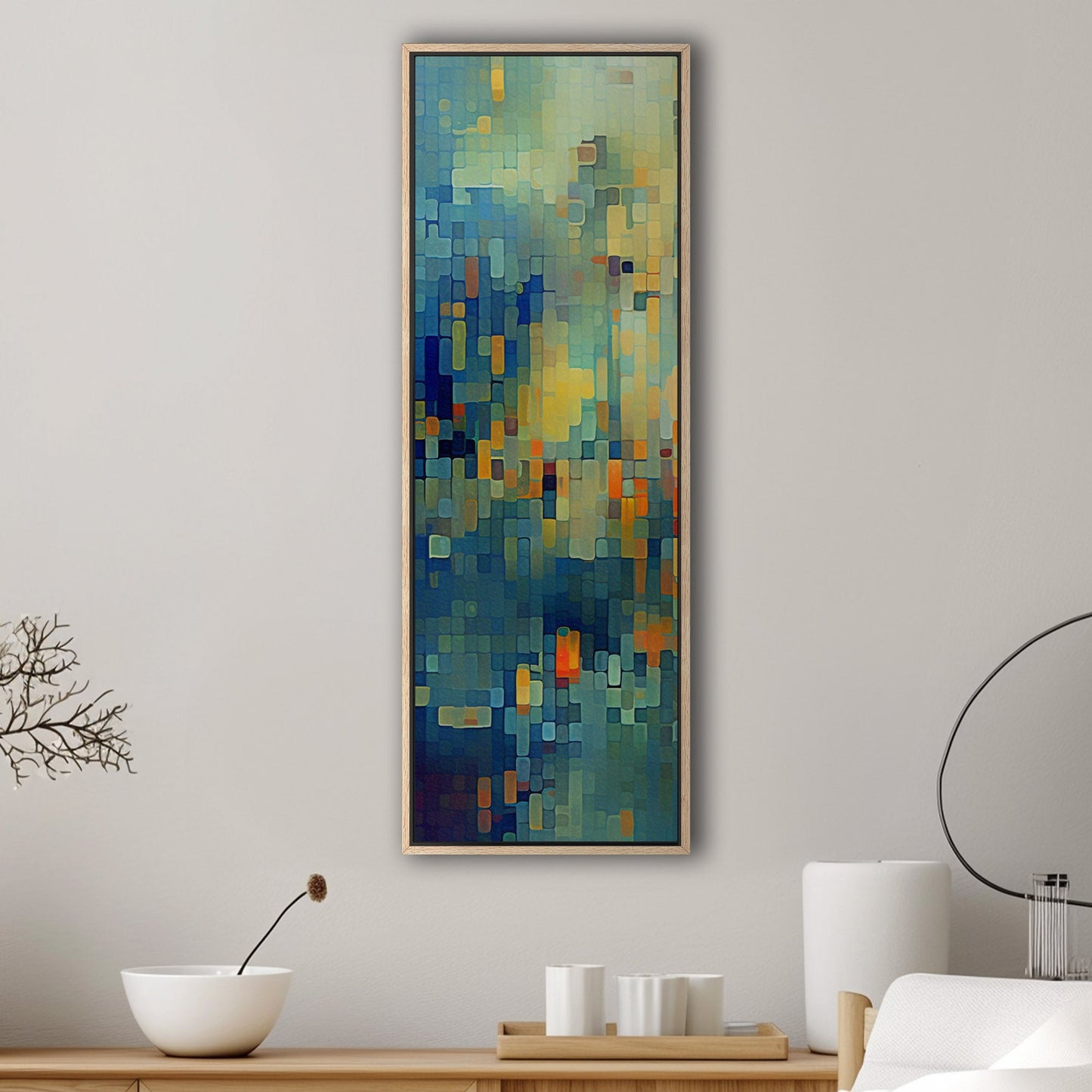 Absract Geometric Painting in Aqua Greens and Yellows -Retro Digital Pixel Art Delight