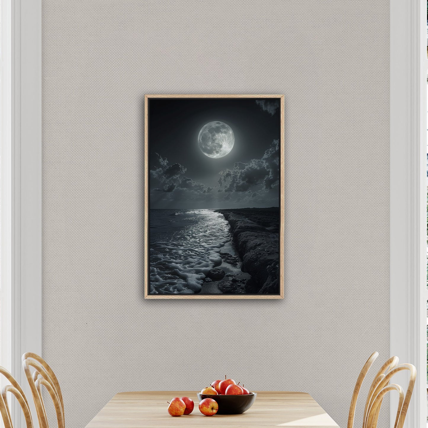 Black and White Photorealistic Shoreline with Moon at Night - Moonlit Serenity