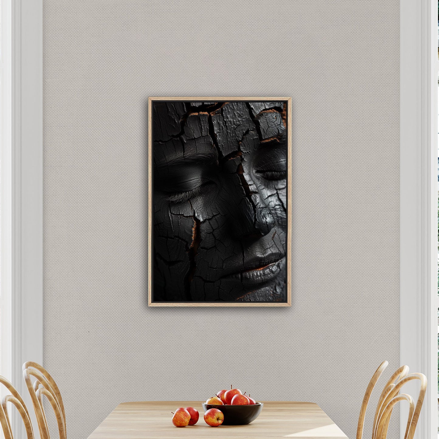 Woman's face made of wooden embers - Embered Elegance