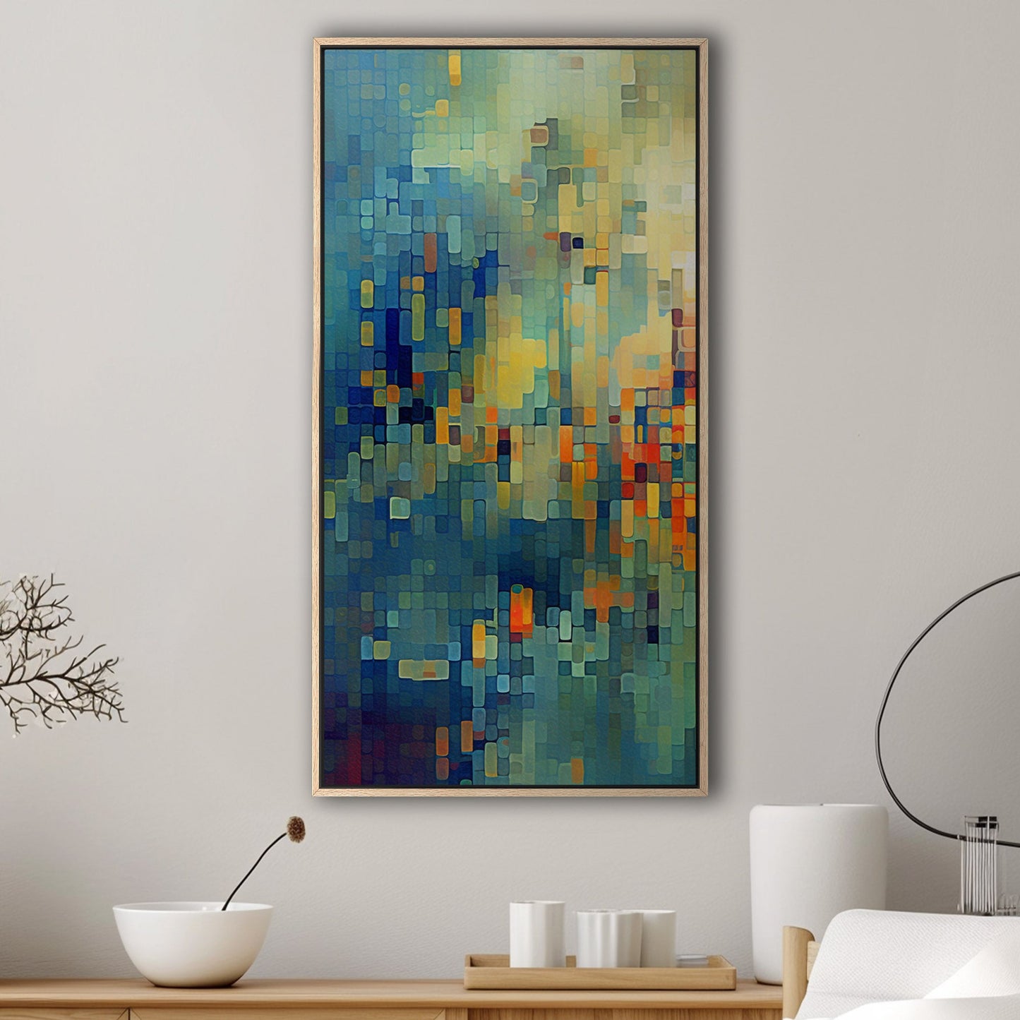 Absract Geometric Painting in Aqua Greens and Yellows -Retro Digital Pixel Art Delight