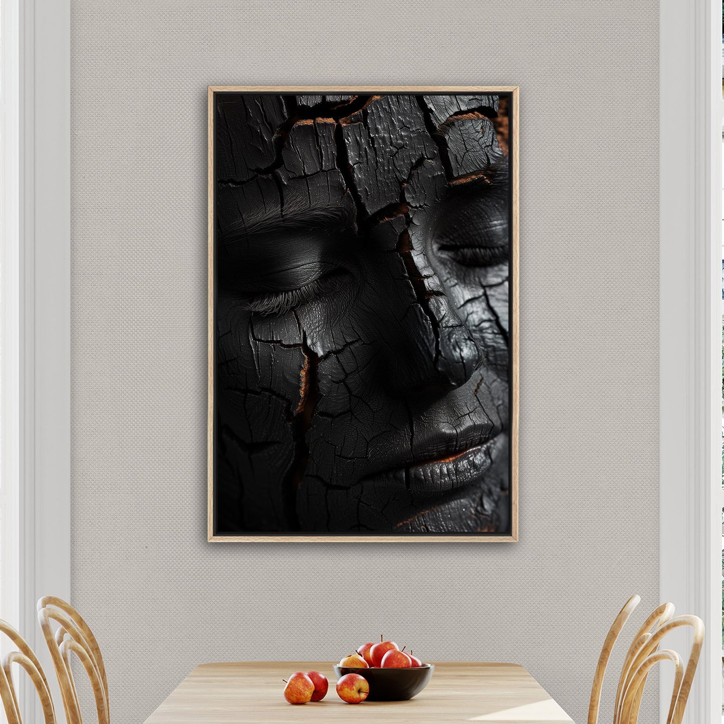 Woman's face made of wooden embers - Embered Elegance