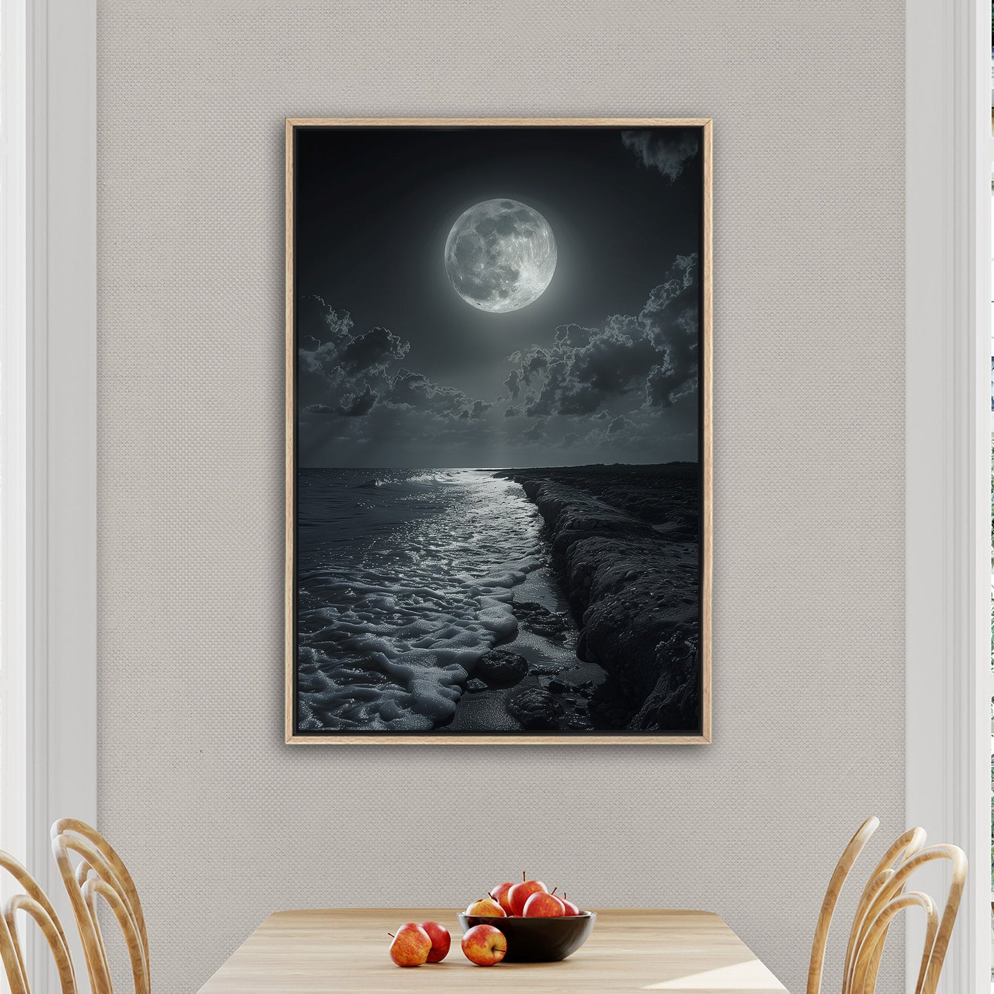 Black and White Photorealistic Shoreline with Moon at Night - Moonlit Serenity