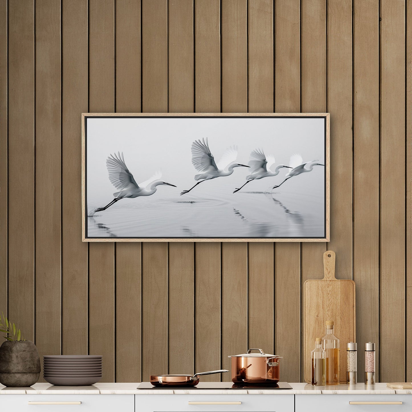 Tranquil egrets flying over calm lake - Serene Avian Elegance