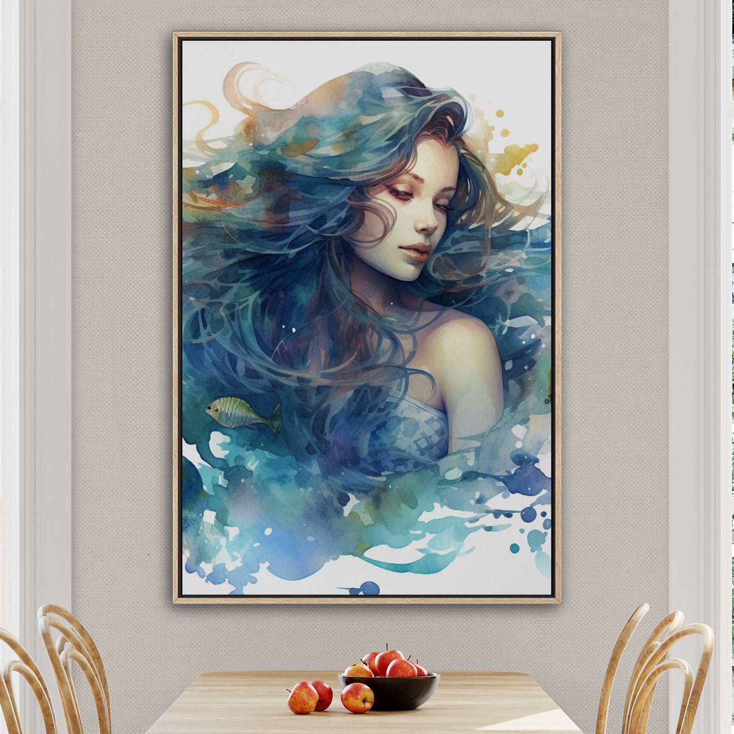 Watercolor Mermaid Portrait in Blue - Enchanting Mermaid's Mystical Underwater Dance