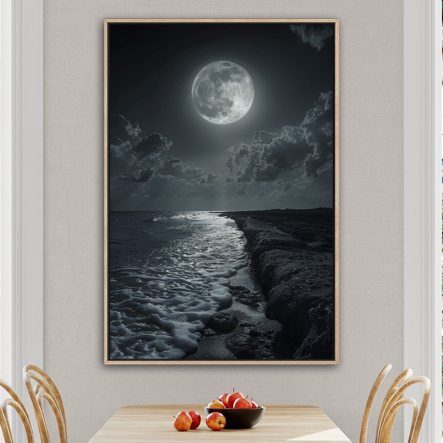 Black and White Photorealistic Shoreline with Moon at Night - Moonlit Serenity