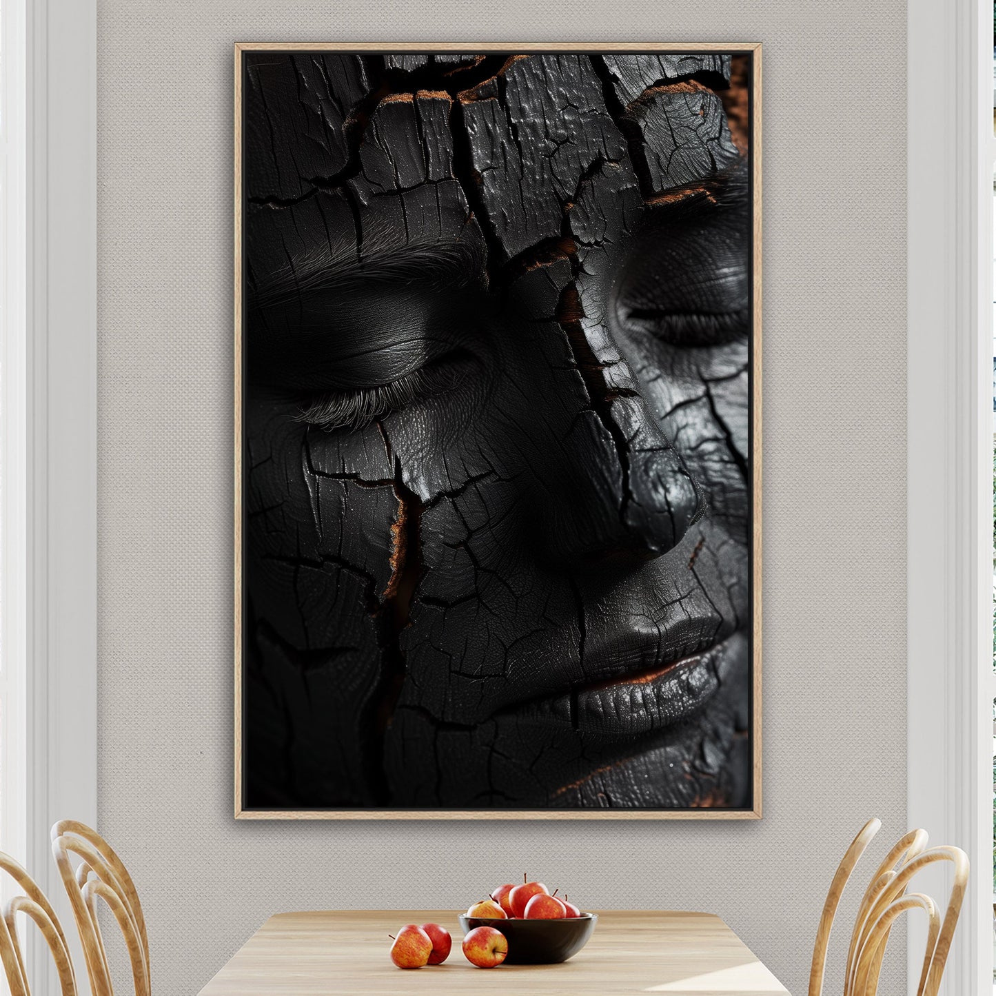 Woman's face made of wooden embers - Embered Elegance
