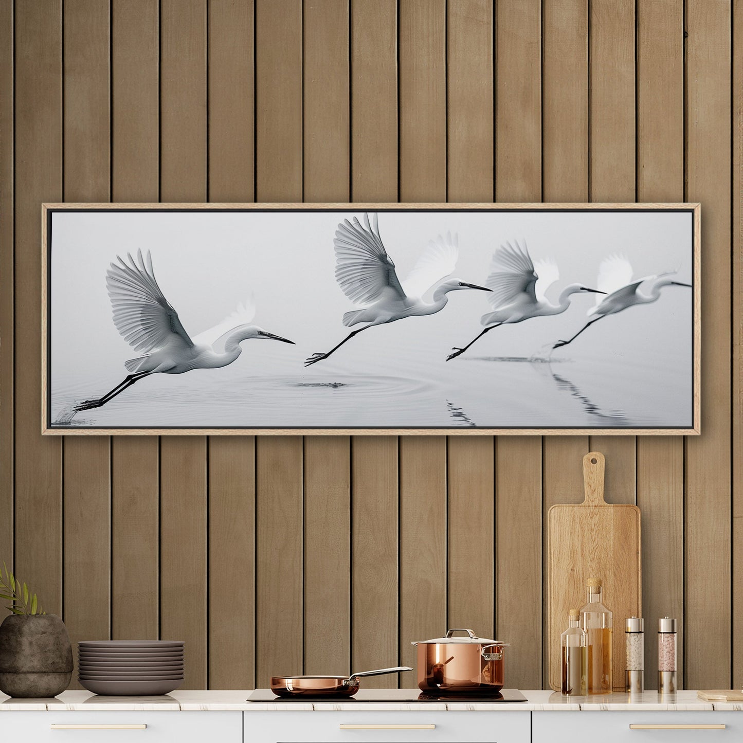 Tranquil egrets flying over calm lake - Serene Avian Elegance